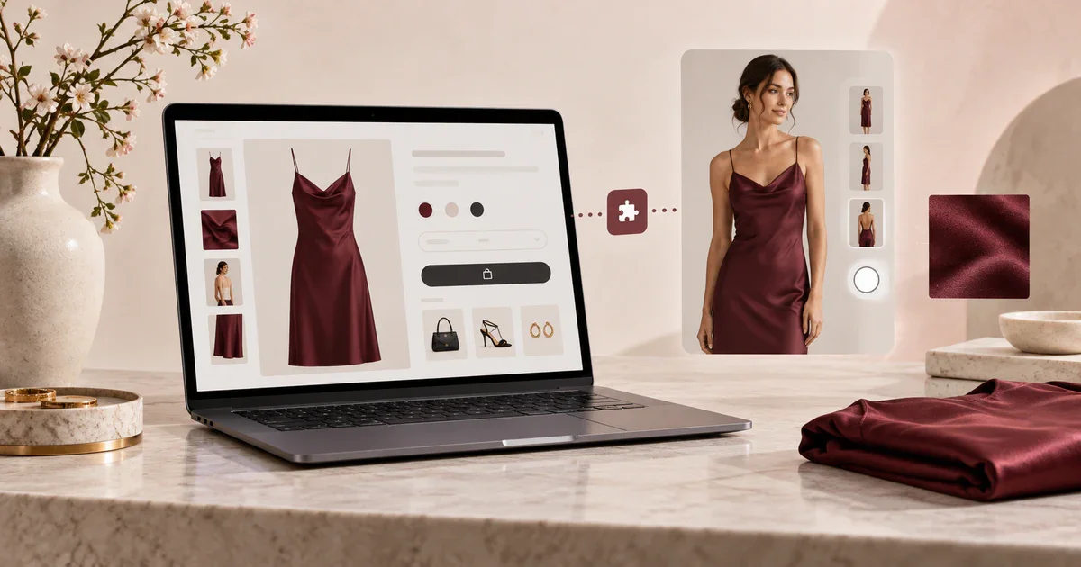 A fashion product page connected to a virtual try-on preview.