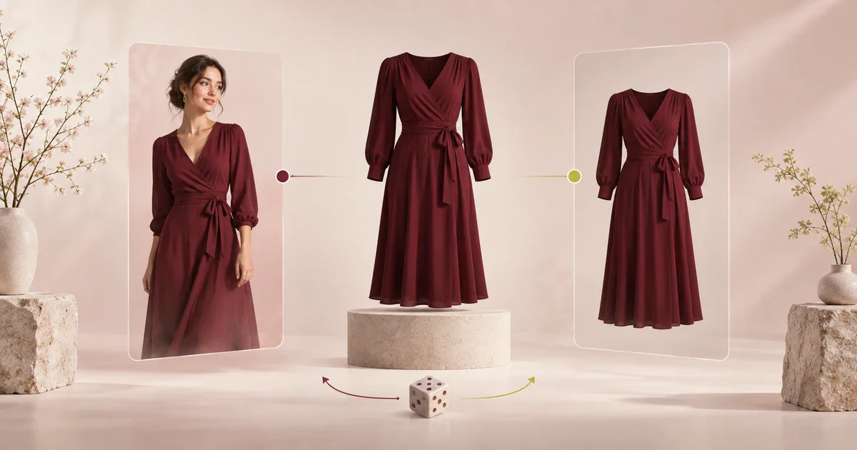A burgundy dress split between two randomized experiment paths.