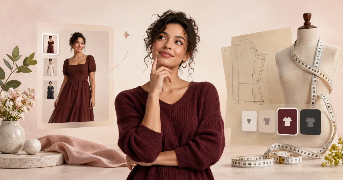 A shopper between a virtual try-on preview and sizing tools.